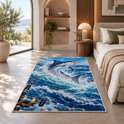 Deep sea marlin rug in a bedroom with an arched window
