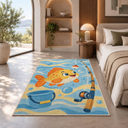 Cartoon fish kids rug in a bedroom with an arched window