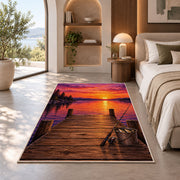 Dock sunset fishing rug in a bedroom with an arched window