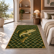 Bass on fish scales rug in a bedroom with an arched window