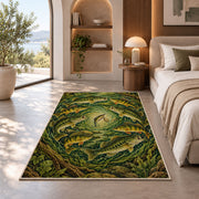 Circle of fish rug in a bedroom with an arched window