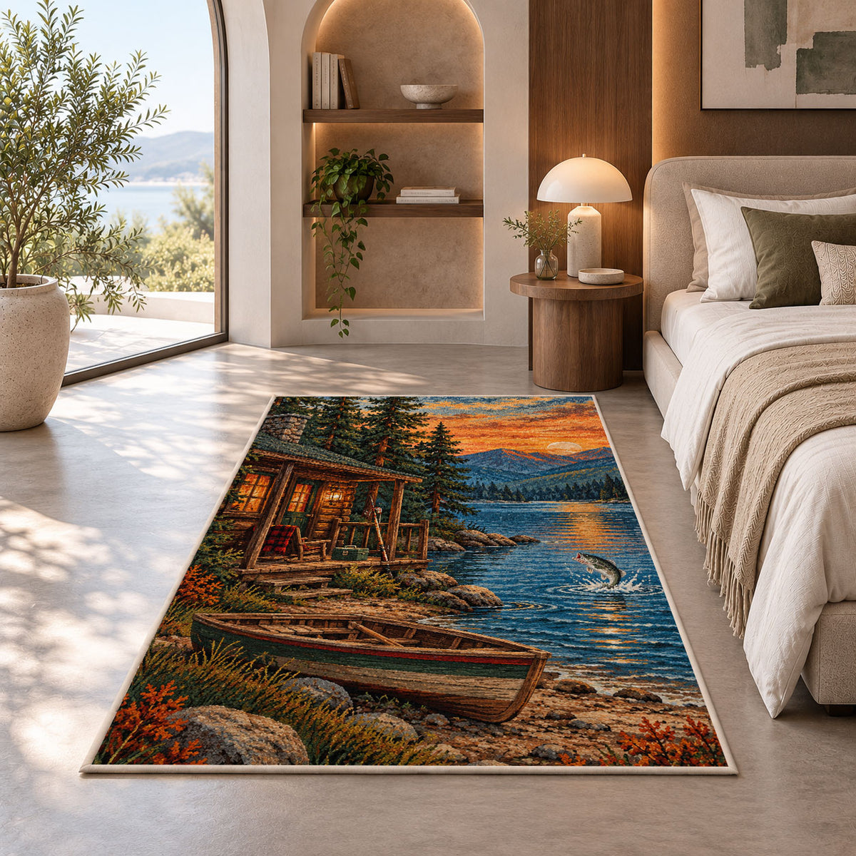 Lakeside fishing cabin rug in a bedroom with an arched window