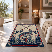 Crossed rods fish emblem rug in a bedroom with an arched window