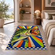Pop art bass rug in a bedroom with an arched window