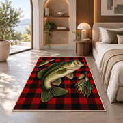 Buffalo plaid bass rug in a bedroom with an arched window