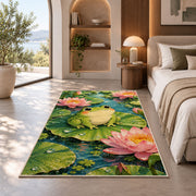 frog on a lily pad rug in a bedroom with an arched window