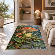 frog under a mushroom umbrella in the rain rug in a bedroom with an arched window