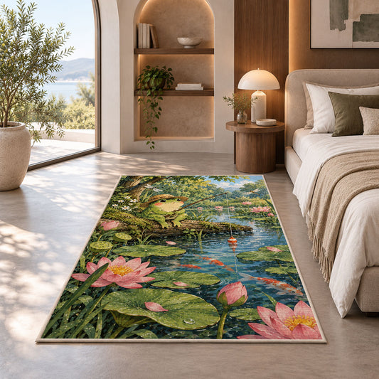 frog fishing at the pond rug in a bedroom with an arched window