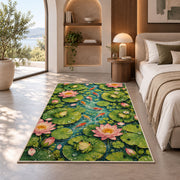 lily pond top view with frogs rug in a bedroom with an arched window