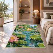 frog leaping between lily pads rug in a bedroom with an arched window