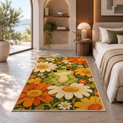 retro frog with daisies rug in a bedroom with an arched window