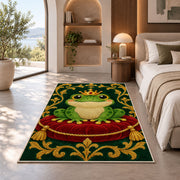 frog prince wearing a crown rug in a bedroom with an arched window