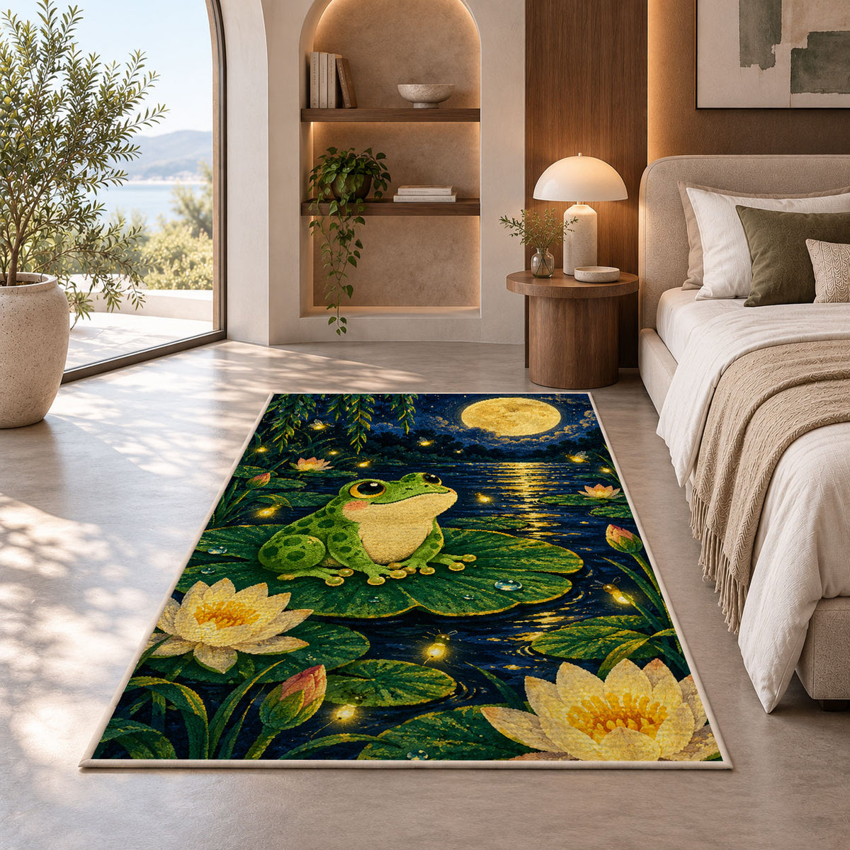 frog under the full moon rug in a bedroom with an arched window