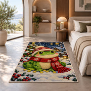 frog in a winter scarf and hat rug in a bedroom with an arched window