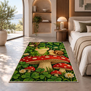 frog and snail on a mushroom rug in a bedroom with an arched window
