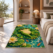 frog in sunglasses on a lily pad rug in a bedroom with an arched window