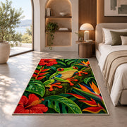 red-eyed tree frog in the rainforest rug in a bedroom with an arched window