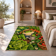 frog in a vegetable garden rug in a bedroom with an arched window