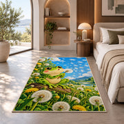frog blowing a dandelion rug in a bedroom with an arched window