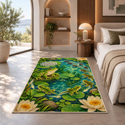 frog life cycle around a pond rug in a bedroom with an arched window