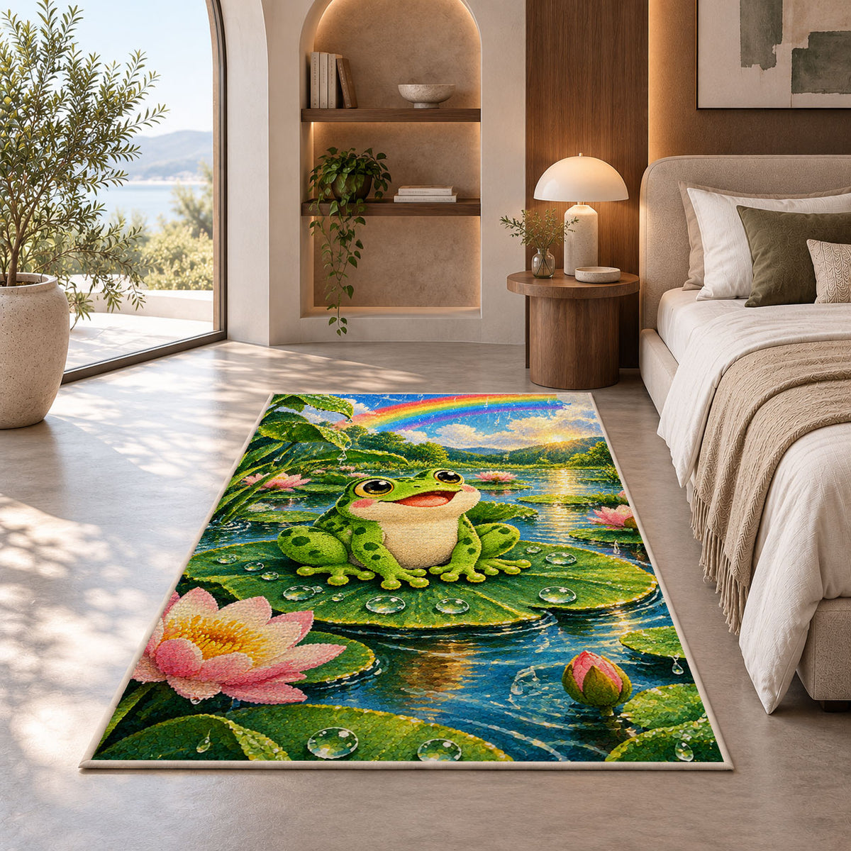 happy frog under a rainbow rug in a bedroom with an arched window