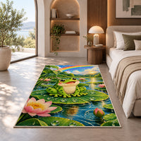 happy frog under a rainbow rug in a bedroom with an arched window