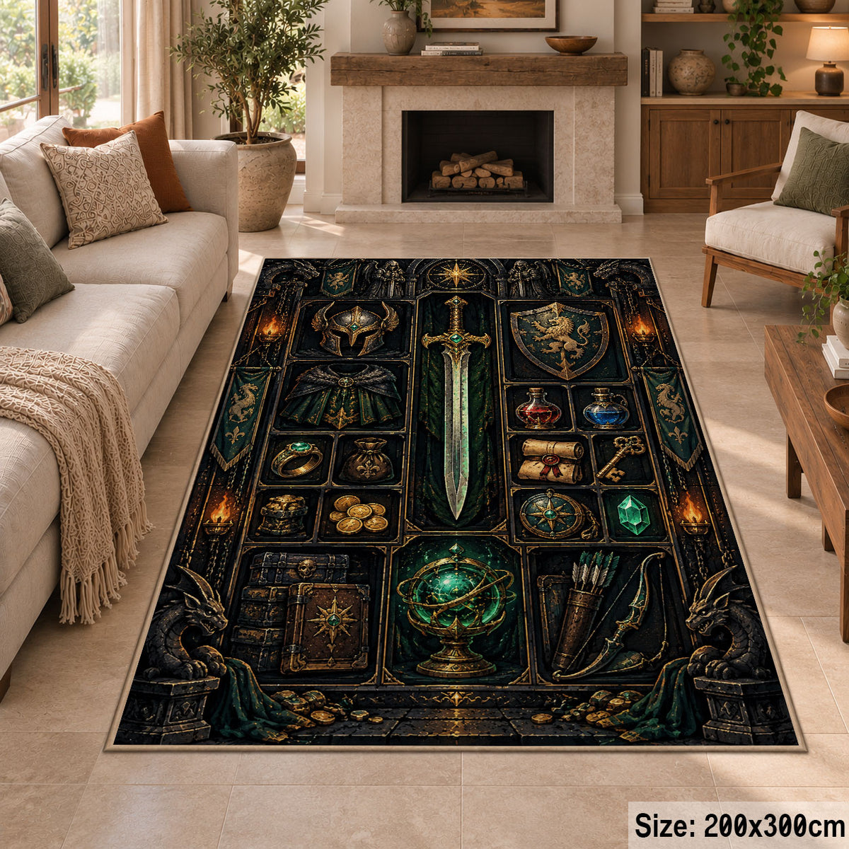 Dark fantasy sword and relics area rug in a living room by the fireplace