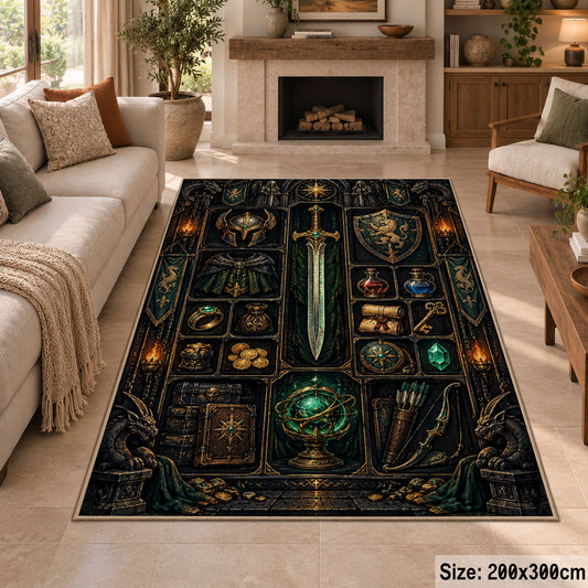 Dark fantasy sword and relics area rug in a living room by the fireplace