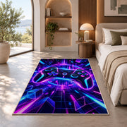 Neon Game Controller rug in a bedroom with an arched window