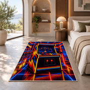 Retro Arcade Cabinet rug in a bedroom with an arched window