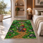 Pixel Knight Adventure rug in a bedroom with an arched window
