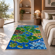 Pixel Fantasy World Map rug in a bedroom with an arched window