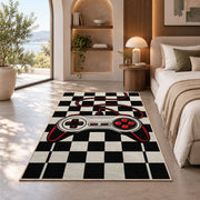 Retro Controller Checkerboard rug in a bedroom with an arched window