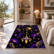 Pixel Space Shooter rug in a bedroom with an arched window