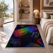 Rainbow Mechanical Keyboard rug in a bedroom with an arched window