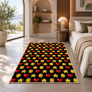 Pixel Hearts and Coins rug in a bedroom with an arched window