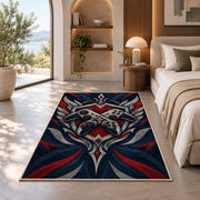Crossed Controllers Emblem rug in a bedroom with an arched window