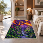 Pixel Dragon and Castle rug in a bedroom with an arched window