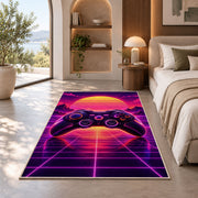 Synthwave Controller rug in a bedroom with an arched window