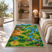 Game Level Map rug in a bedroom with an arched window