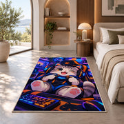 Gamer Cat rug in a bedroom with an arched window