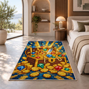 Pixel Treasure Chest rug in a bedroom with an arched window
