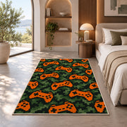 Pixel Camo Controllers rug in a bedroom with an arched window