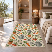 Garden Tools Pattern Rug in a bedroom with an arched window