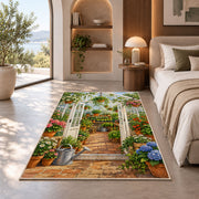 Greenhouse Rug in a bedroom with an arched window