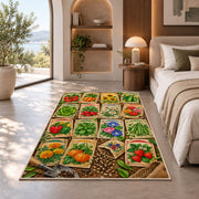 Vintage Seed Packet Rug in a bedroom with an arched window