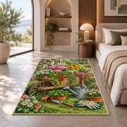 Wheelbarrow Garden Rug in a bedroom with an arched window