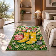 Rain Boots Flower Rug in a bedroom with an arched window
