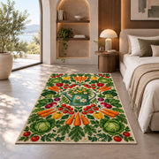 Vegetable Mandala Rug in a bedroom with an arched window