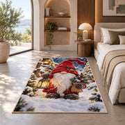winter gnome with lantern rug in a bedroom with an arched window